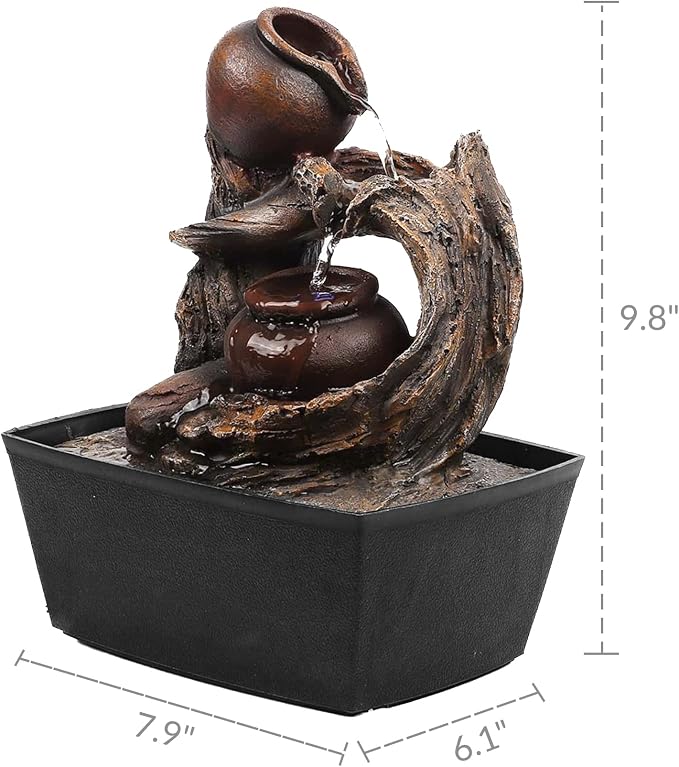 Ferrisland Tabletop Water Fountain Indoor - Tree Trunk with Jar Rustic Fountains Small Feng Shui Zen Waterfall Fountain W/LED Light & Soothing Sounds for Office Home Desktop Decor (Brown)