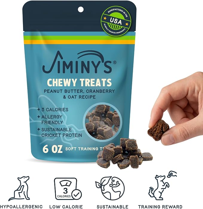 Jiminy's Chewy Training Treats for Dogs, Low Calorie, Hypoallergenic Insect Protein, Made in USA, 6oz, Peanut Butter & Cranberry (Pack of 1)