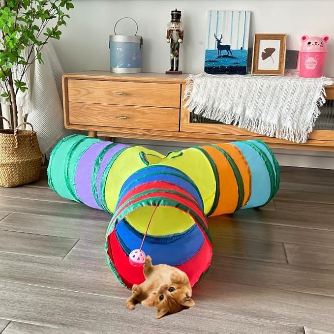 3-Way Collapsible Cat Tunnel Tube Toy Rainbow Y — Interactive Play Tunnel with Hanging Ball & Peek Hole for Indoor Cats, Kittens, Puppies & Rabbits | Hours of Fun & Exercise