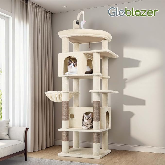 Globlazer 74in Cat Tree for Indoor Cats Large Adult, Heavy Duty Cat Tower with 5 Sisal Scratching Posts, 2 Caves, Oversized Top Perch, Hanging Basket, F74B, Beige