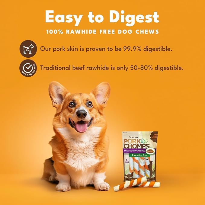 Pork Chomps Baked Pork Skin Dog Chews, 6 Inch Twists, 4 Count - Sweet Potato Wrap - Long-Lasting Treats for Dogs - High Protein, Rawhide-Free, Low Fat, Healthy & Delicious Chews