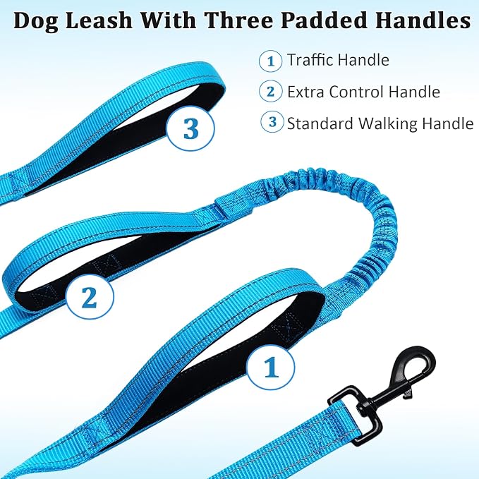 WYuZe 3 Handle Dog Leash for Medium Large Dogs, Bungee Dog Training Leash | 7FT, Reflective, Heavy Duty Nylon, Shock Absorbing, Triple Padded Traffic Handles, No Pull Walking Hiking