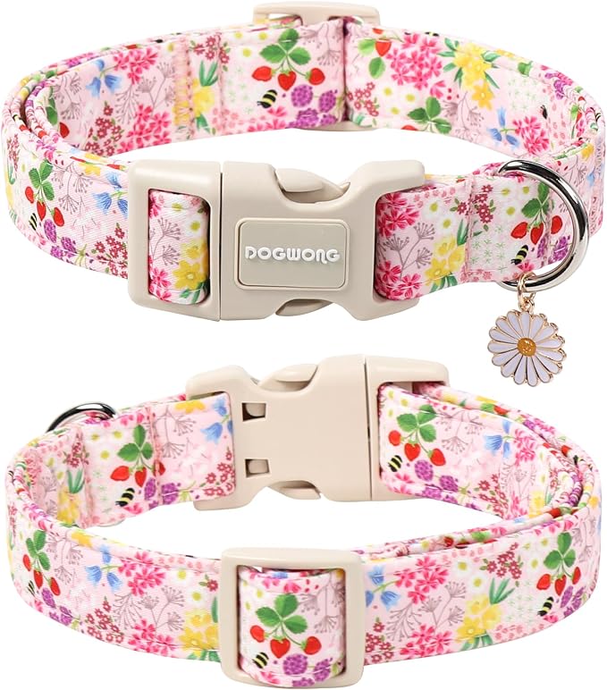 DOGWONG Flower Dog Collar, Cute Girl Dog Collars, Adjustable Pink Flower Pet Collars Design Dog Collar with Quick Release Buckle for Puppy Girl Boy Female Dogs