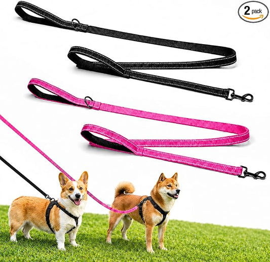 2 Pack Dual Handle Dog Leash, 6ft x 1in Heavy Duty Reflective Nylon Leash with Padded Grip, Traffic Handle, D-Ring, Tangle-Free Dog Lead for Small, Medium & Large Dogs, Safe Night Walks (Black+Rose)