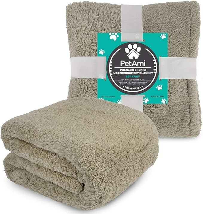 PetAmi Fluffy Waterproof Dog Blanket for Couch and Bed, Reversible Sherpa Pet Throw, Pee Proof Furniture Protector Sofa Cover, Washable Cat Blanket for Small Medium Dogs and Cats (Taupe Camel, 29x40)
