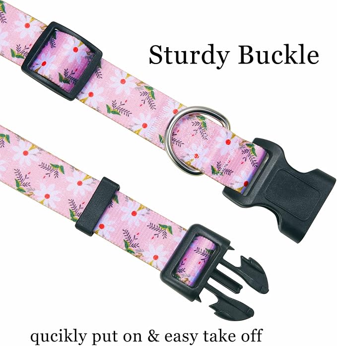 Mihqy Dog Collar with Bohemia Floral Tribal Geometric Patterns - Soft Ethnic Style Collar Adjustable for Small Medium Large Dogs (Pink White Flower,S)