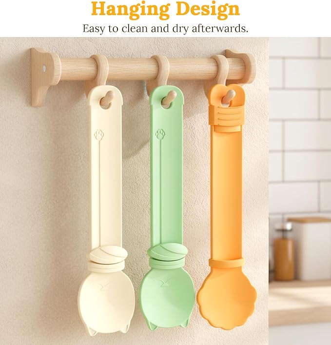 3Pcs Cat Treat Spoon, Multifunctional Squeeze Cat Treat Feeder Set Lickable Pet Food Spoons Dispensers for Wet Food & Licky Treats, Mess-Free Feeding Supplies for Cats, Beige Green Orange