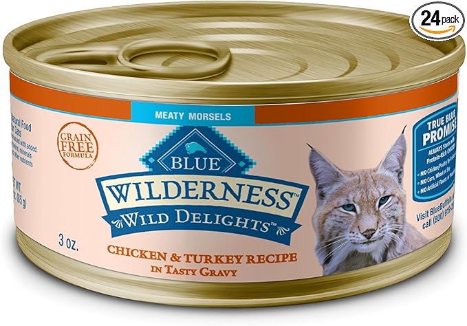 Blue Buffalo Wilderness Wild Delights Meaty Morsels Chicken & Turkey in Tasty Gravy Adult Wet Cat Food, High-Protein & Grain-Free Recipe with Natural Ingredients, 3-oz. Cans (24 Count)