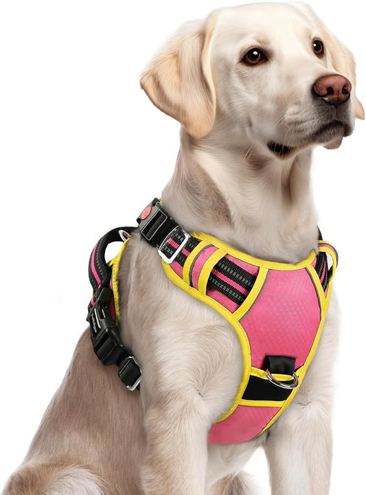 rabbitgoo Dog Harness for Large Dogs, 3 Buckles Easy On & Off No Pull Pet Vest, Soft Padded Walking Pet Harness with Control Handle, Adjustable and Reflective, Pink & Yellow, L