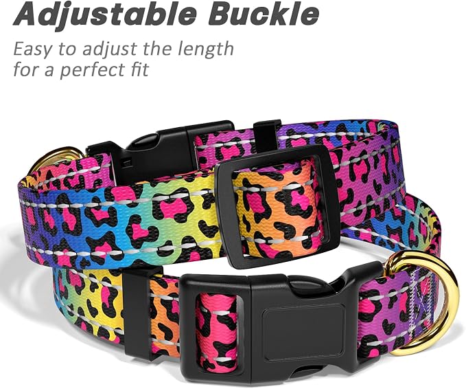Reflective Dog Collar for Large Dogs, Cute Leopard Style Adjustable Heavy-Duty Nylon Puppy Collar for Boy and Girl Female, Soft Pet Accessories with Quick Release Buckle, Neon
