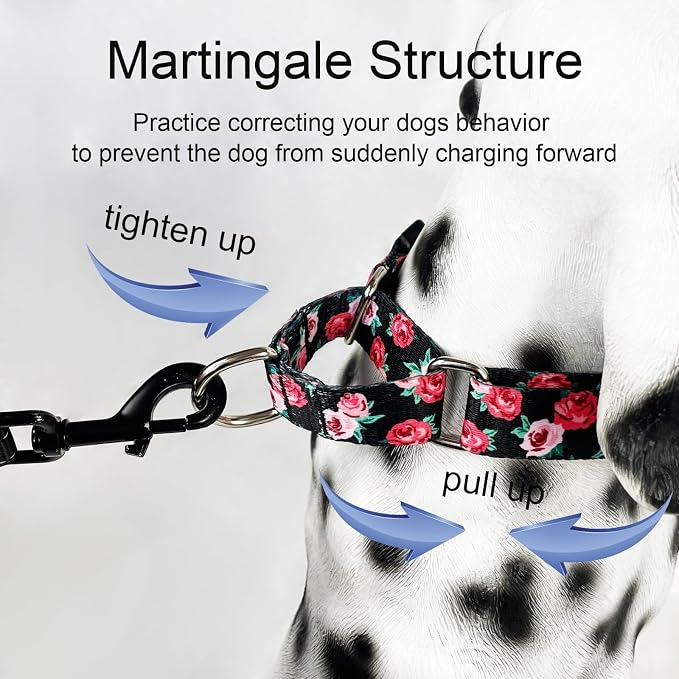 Martingale Collar for Dogs Pink Floral Dog Collar for Large Dogs with Buckle Girl Female Soft Nylon Dog Collars (Black Pink Rose, L)