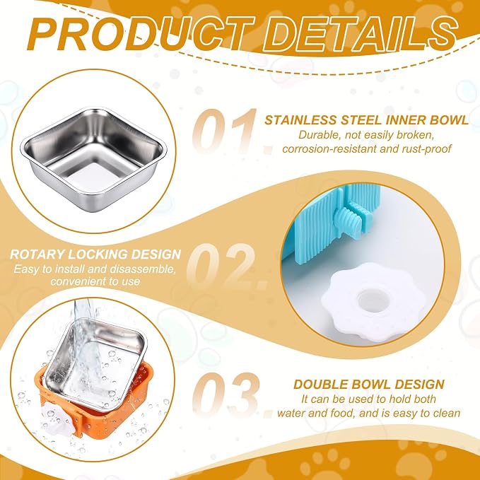 Crate Dog Bowl, Removable Stainless Steel Pet Cage Hanging Anti-Overturn Food Water Feeder Cage Cup (Square, Orange, 11.1oz), Intended for Puppies/Cat/Rabbit/Bird