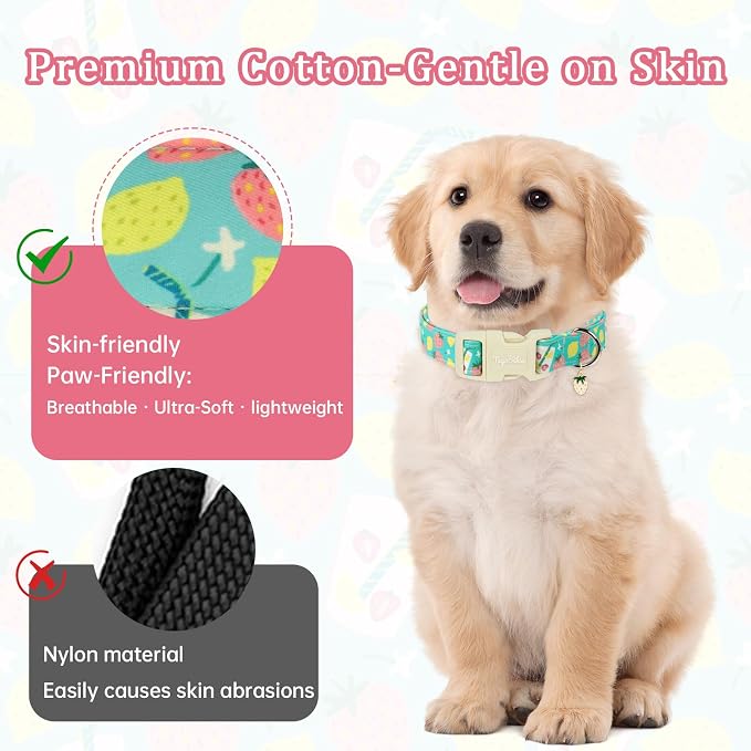 Cute Summer Dog Collar with Strawberry Lemon Pattern, Soft Cotton Girl Dog Collar Pet Accessory, Adjustable for Small Medium Large Dogs, Gift for Boys Girls Dogs-XS