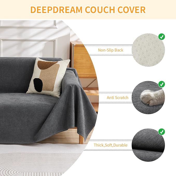 Deep Dream Cat-Scratch Resistant Couch Cover, Waterproof Sofa Cover for 3 Cushion Couch Washable, Pet Friendly Couch Protectors Anti Slip Thickened Sofa Slipcovers for Dogs Pets, 71" x 134",Dark Grey