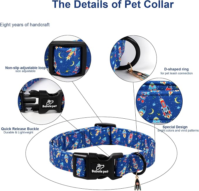 Boy Dog Collar Cute Rocket Space Dog Collars for Giant Large Dogs - Lightweight Adjustable Cute Male Dogs Everyday Collar with Safety Buckle XL