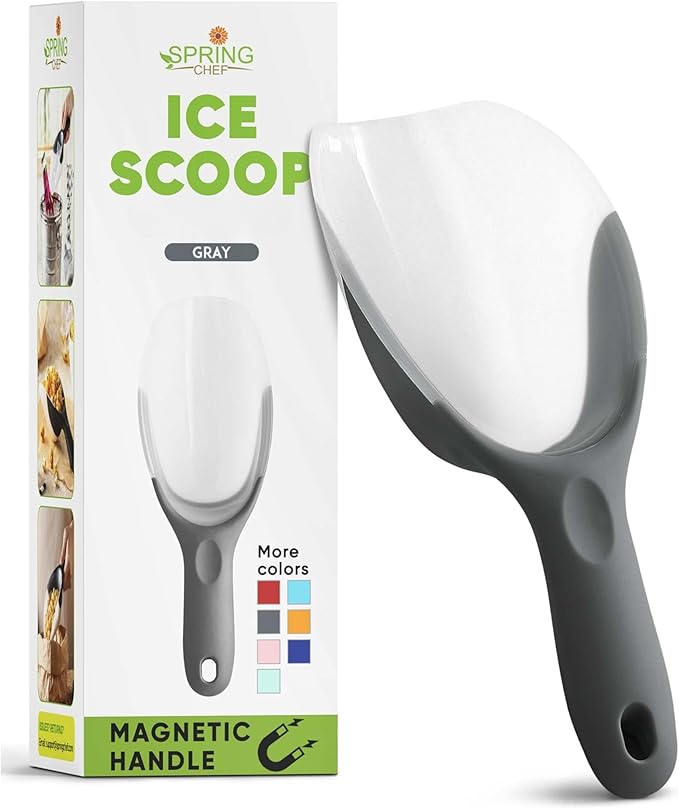 Spring Chef Gray Magnetic Ice Scoop for Freezer - Contoured Translucent Flexi-Plastic Ice Scooper with Comfortable Handle - Flour Scoop - Dishwasher Safe Scooper for Popcorn, Pet Food, Rice, Grain
