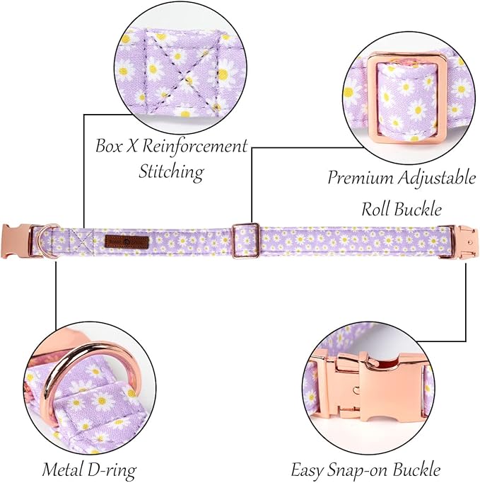 Lionet Paws Spring Dog Collar with Bowtie, Soft Comfortable Adjustable Cute Daisy Bowtie Collar for Dogs Female Gift, Small, Neck 10-16 inches