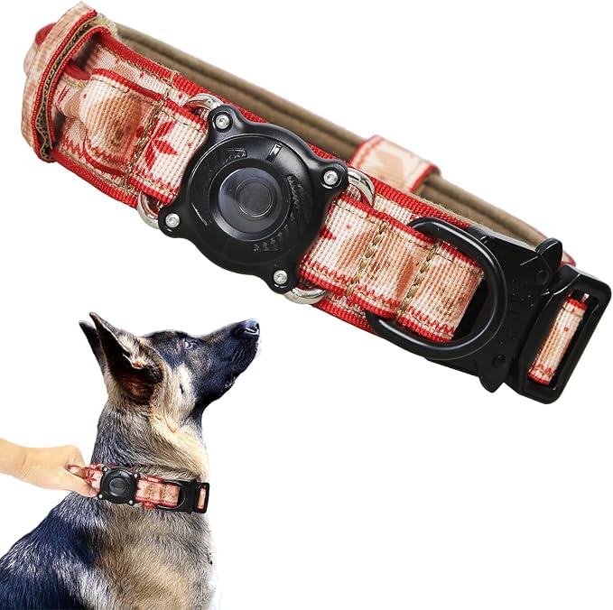 Christmas Tactical Dog Collar with Airtag Holder Waterproof Dog Airtag Collar with Control Handle Adjustable Heavy Duty Dog Collars(Christmas Red，XXL