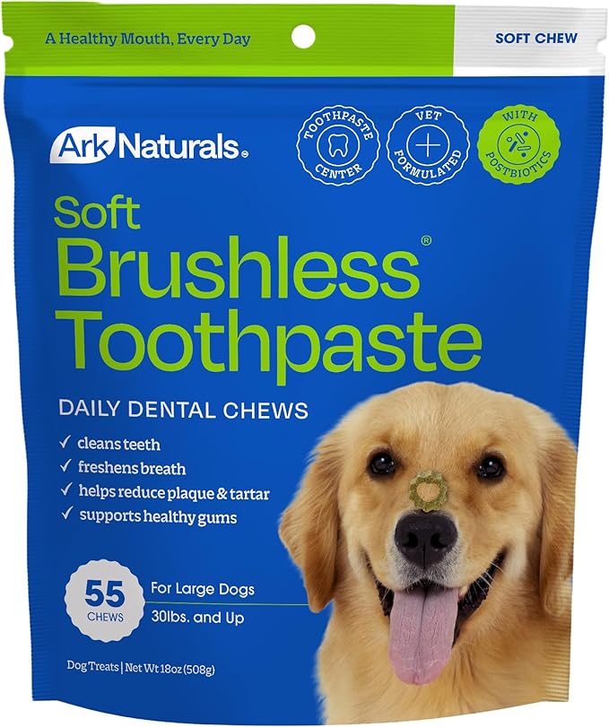Ark Naturals Soft Brushless Toothpaste for Large Breeds, 18 oz Bag, Soft-Baked Dog Dental Chew with Toothpaste Center, Freshen Breath, Reduce Plaque & Tartar