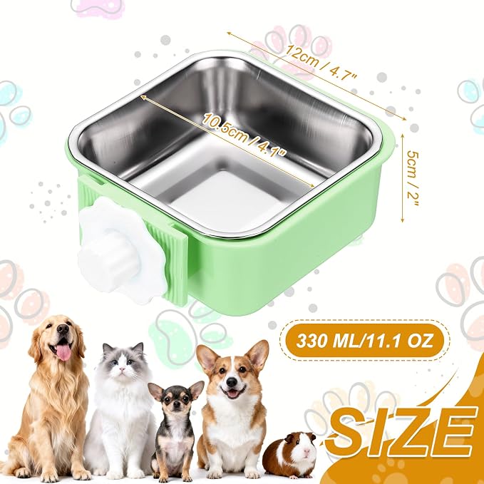 Crate Dog Bowl, Removable Stainless Steel Pet Cage Hanging Anti-Overturn Food Water Feeder Cage Cup (Square, Green, 11.1oz), Intended for Puppies/Cat/Rabbit/Bird