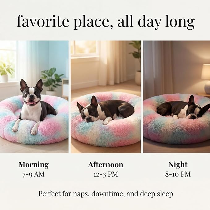 Calming Dog Bed for Medium Dogs Washable Donut 30 inches Anti-Slip Pet Bed,Round Fluffy Plush Faux Fur Cat Bed,Fits up to 45 lbs Pets,Multi Colored