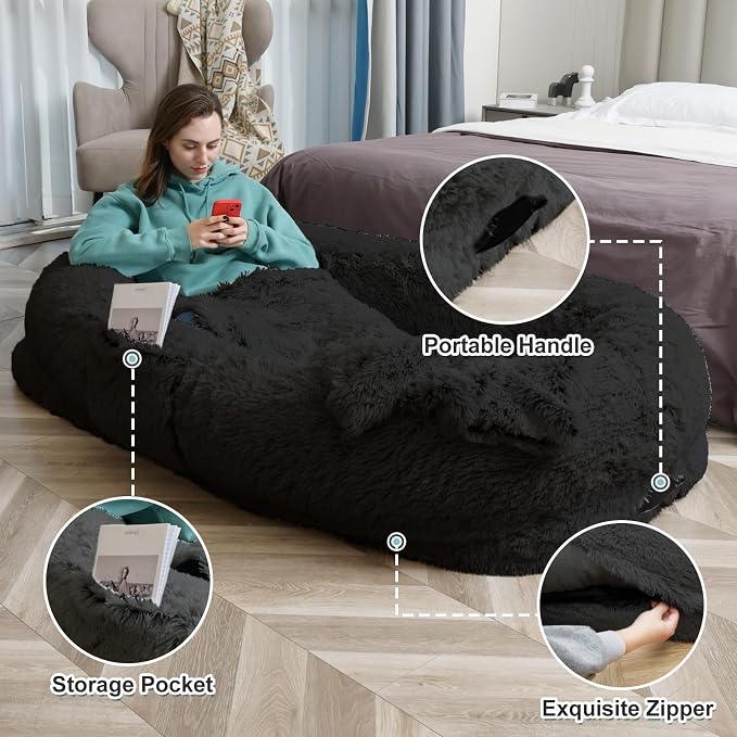 YAEM Black Human Dog Bed for Adult and Pets - 71"x45"x12" Dogs Beds for Humans with Washable Faux Fur Cover, Plump Pillow, Blanket, Orthopedic Design & Strap