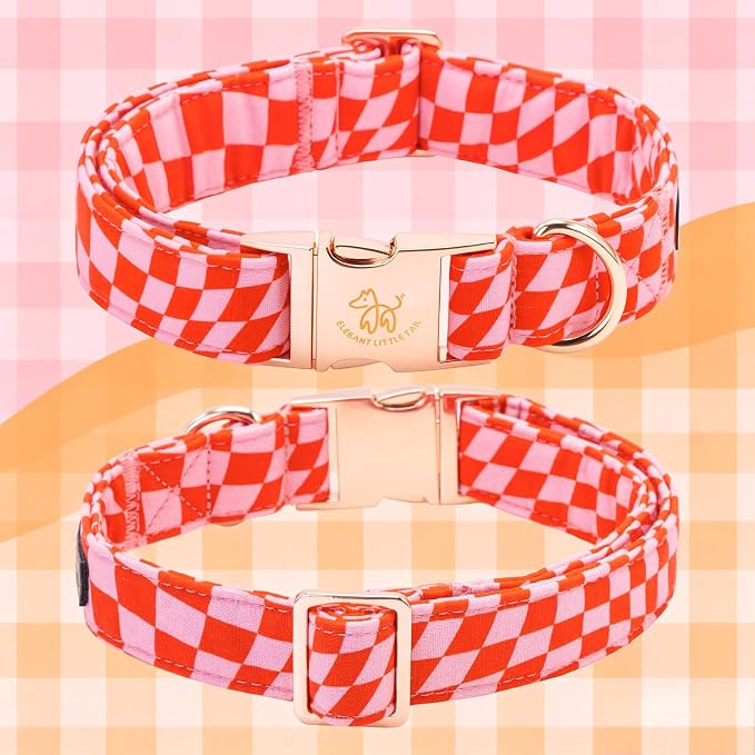 Elegant Little Tail Girl Dog Collar for Small Dogs, Pink Checked Dog Collars with Bow, Pet Pink Checked Bowtie Dogs Collars for Small Medium Dogs