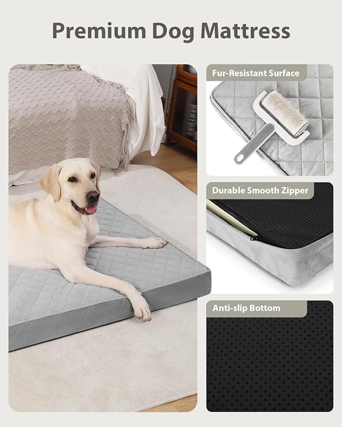NUPIDA Orthopedic XL Dog Beds Large Sized Dog Waterproof Bed with Removable Washable Cover and Non-Slip Bottom, Quilting Pet Mattress for Crate, 41x27 Inch, Light Gray