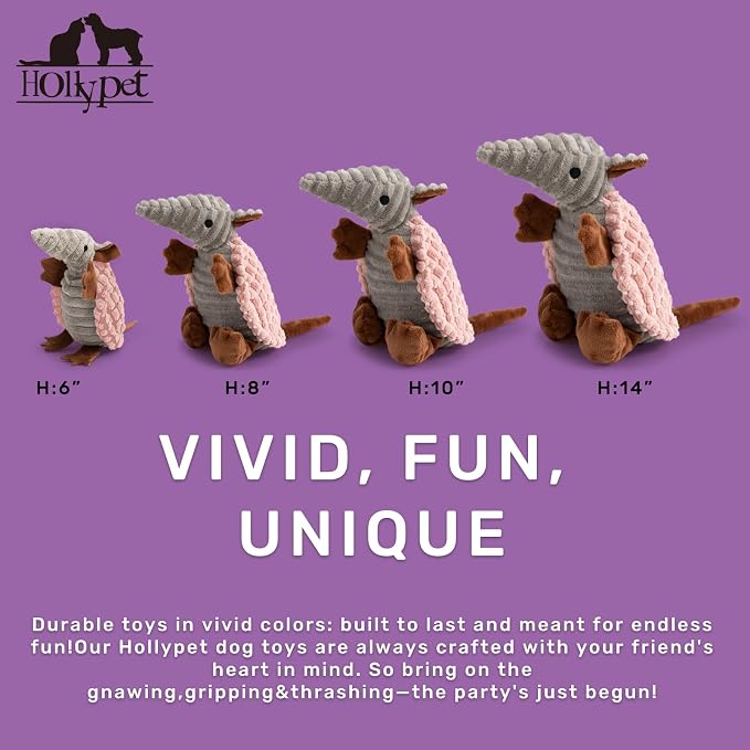 Hollypet Plush Dog Squeaky Toy Stuffed Armadillo Animal Pet Puppy Chew Toys with Clean Teeth for Small Medium Large All Breed Sizes Dogs, Light Pink, 8 in