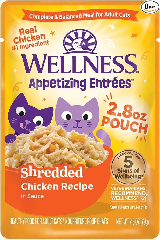 Wellness Appetizing Entrées Shredded Adult Wet Cat Food, Natural, Protein Rich, Grain Free, Chicken Recipe, 2.8 oz, Pack of 8 Pouches