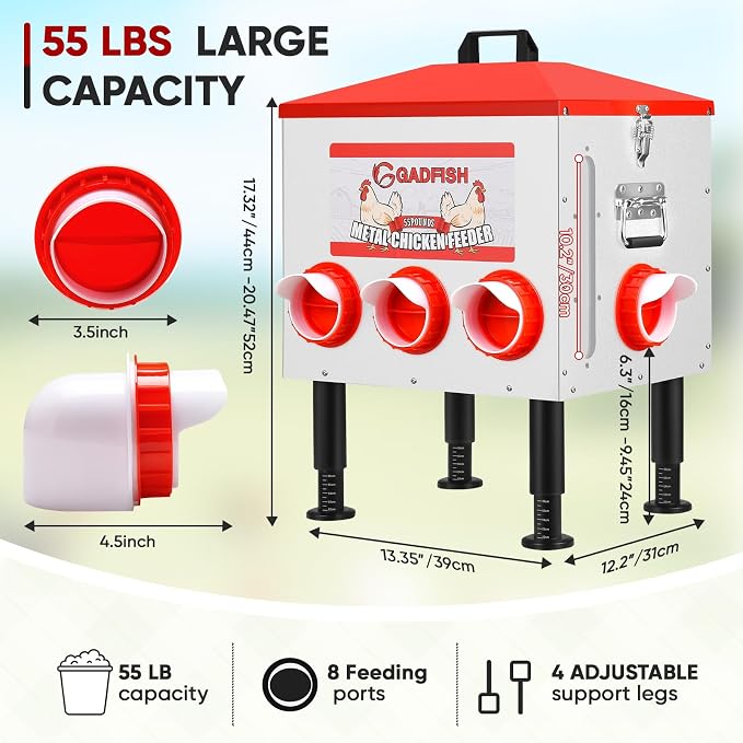 GADFISH 55 lbs Large Capacity Automatic Chicken Feeder - 8 Feeding Ports, No Waste Chicken Feeder, Height-Adjustable Legs & Secure Locking Lid for Chickens, Ducks & Poultry
