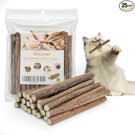 WoLover Silvervine Sticks for Cats, Natural Catnip Matatabi Chew Sticks Teeth Molar Chew Toys for Cat Kitten Kitty (25 PCS)