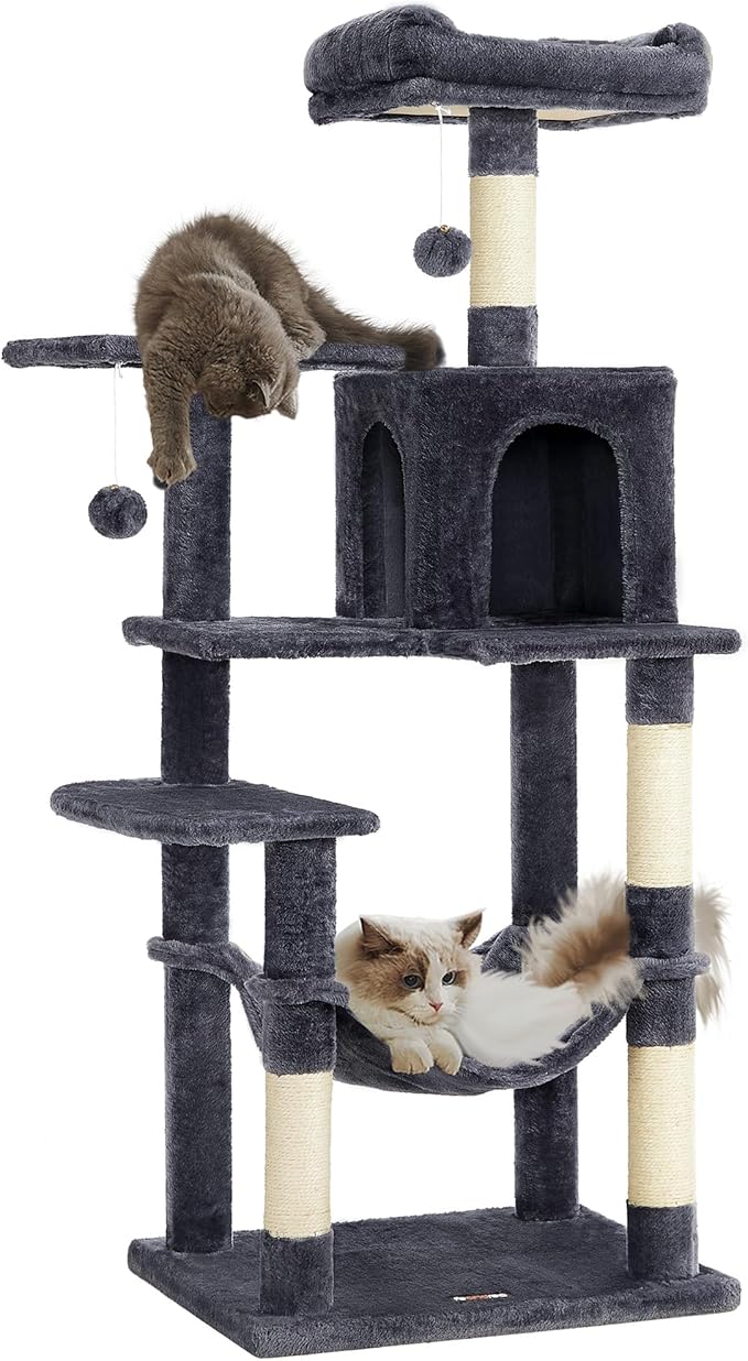 Feandrea Cat Tree, 54.2-Inch Cat Tower, Plush Multi-Level Condo with 4 Scratching Posts, 2 Perches, Hammock, Cave, Smoky Gray UPCT161G01