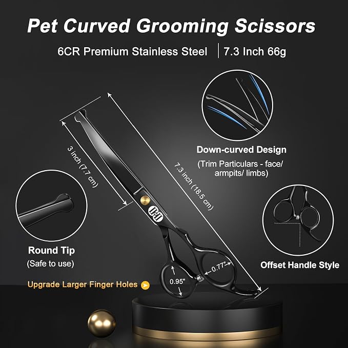 CIICII Dog Grooming Scissors Kit, 7 Inch Professional Pet Grooming Scissors Set with Safety Round Tip (Dogs/Cat Hair Cutting Trimming Thinning Shears with Curved Scissors) for DIY Home Salon (Black)