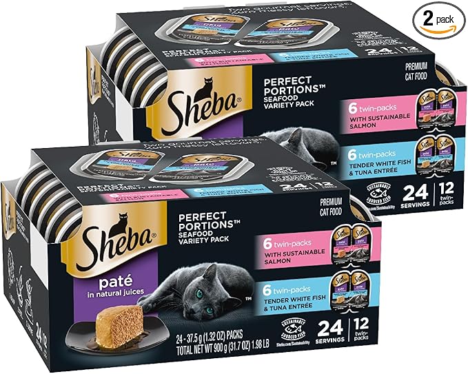 Sheba Perfect Portions Wet Cat Food Pate, Sustainable Salmon and Tender Whitefish & Tuna Entree, Cat Food Wet Recipe Variety Pack, 2.6 oz. Twin-Pack Trays (12 Count, 24 Servings) (Pack of 2)