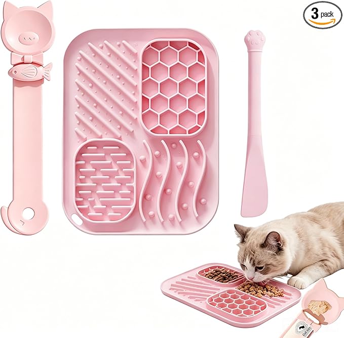 AZY 3-Piece Slow Feeder Cat Bowl Set, Silicone Cat Lick Mat, Cat Treat Dispenser & Food Spoon for Wet Food, Slow Eating & Daily Cat Enrichment (Pink)