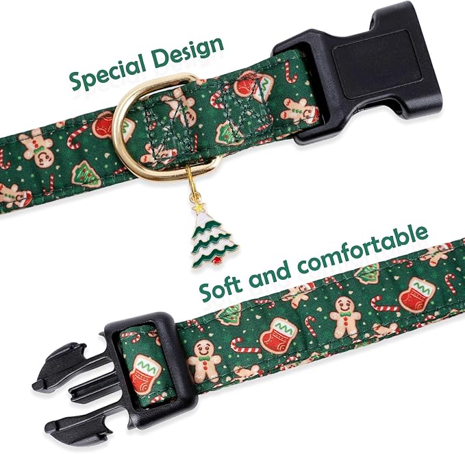 Faygarsle Green Dog Collar Christmas Design Gingerbread Man Pattern for Small Medium Large Dogs Collar Cute Stylish Girl Boy Christmas Dog Collar M