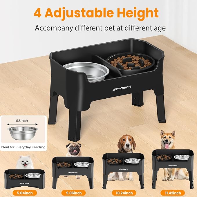 URPOWER 3-in-1 Elevated Dog Bowls - Mess Proof Double Deck 4 Height Adjustable Raised Stand with 2 Stainless Steel Food Bowls & 1 Slow Feeder for Small Dogs