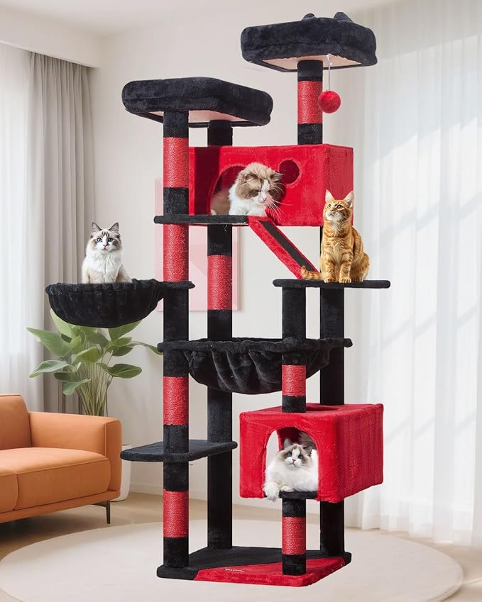 Taoqimiao Gothic Cat Tree 71-Inch, Cat Tower for Indoor Cats Large Adult, Multi-Level Large Cat Condo, 8 Sisal Scratching Posts, Metal Frame Cozy Hammock, Scratch Board, 2 Top Perches, MS026LBR