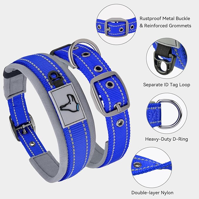 Joytale Dog Collar for Extra Large Dogs, Neoprene Padded and Adjustable, Reflective Wide Heavy Duty Pet Collars with Durable Metal Belt Buckle for Walking, Navy Blue, XL