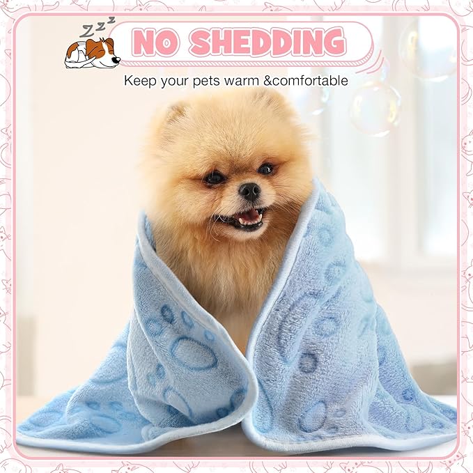 Tegeme 12 Pcs Pet Blankets 30 x 20 Inch Soft Fluffy Fleece Dog Cat Warm Paw Print Pattern Blankets Flannel Throw for Pets Dog Puppy Cat(Pink,Gray,Blue)