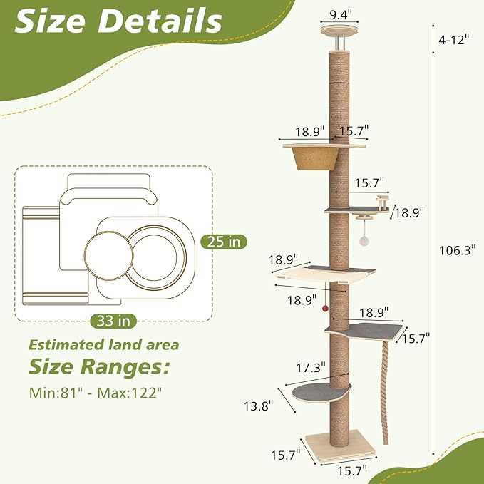Cat Tree Floor to Ceiling, Adjustable Height 82-120 in, 6-Level Cat Tower with Hammock & Perch, Scratching Post, Stable & Solid Structure and Neutral Color Fit Home Decor