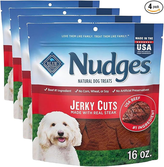 Blue Buffalo Nudges Jerky Cuts Dog Treats, Made in the USA with Natural Ingredients, Steak, 16-oz Bag (Pack of 4)