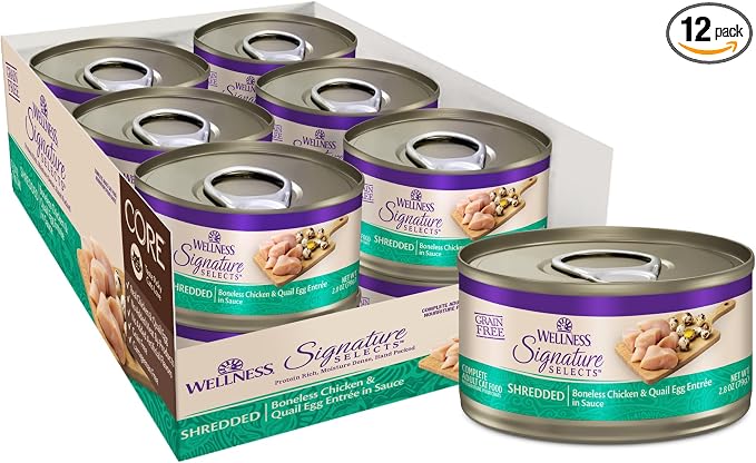 Wellness CORE Signature Selects Shredded Adult Canned Wet Cat Food, Natural, Protein Rich, Grain Free, Chicken and Quail Egg Entrée Recipe, 5.3 oz, Pack of 12 Cans