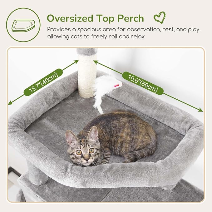 Globlazer 74in Cat Tree for Indoor Cats Large Adult, Heavy Duty Cat Tower with 5 Sisal Scratching Posts, 2 Caves, Oversized Top Perch, Hanging Basket, F74B, Light Grey