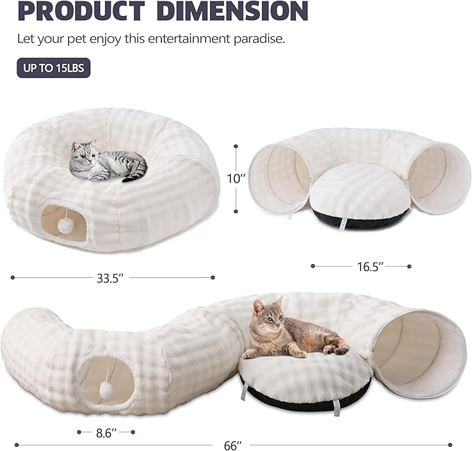 Bubble Cat Tunnel for Indoor Cats, Round Peekaboo Cave Toy with Dangling Balls, Donut Tunnel Bed with Circle Mat for Puppy Kitten Rabbit, Cream White