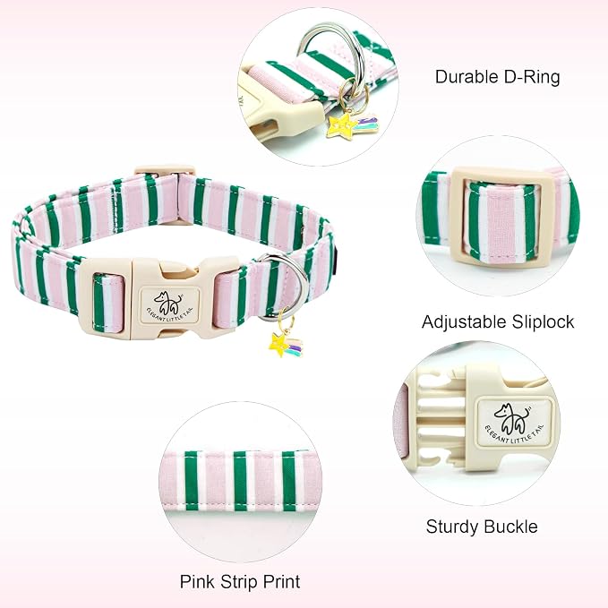 Elegant little tail Dog Collar, Cute Pink with Green Strip Pattern Pet Collars Soft Girl or Boy Adjustable Cotton Puppy Collar with Quick Release Buckle for X-Small Puppy
