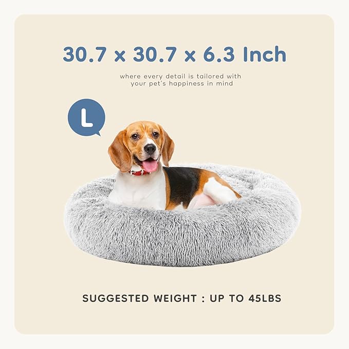 DUMOS 30.7x30.7 Inch Calming Donut Dog Beds for Large Dogs, Machine Washable Cuddler Warming Cozy Fluffy Faux Fur Plush Round Pet Bed, Anti-Slip Bed for Indoor Dogs and Cats, Grey