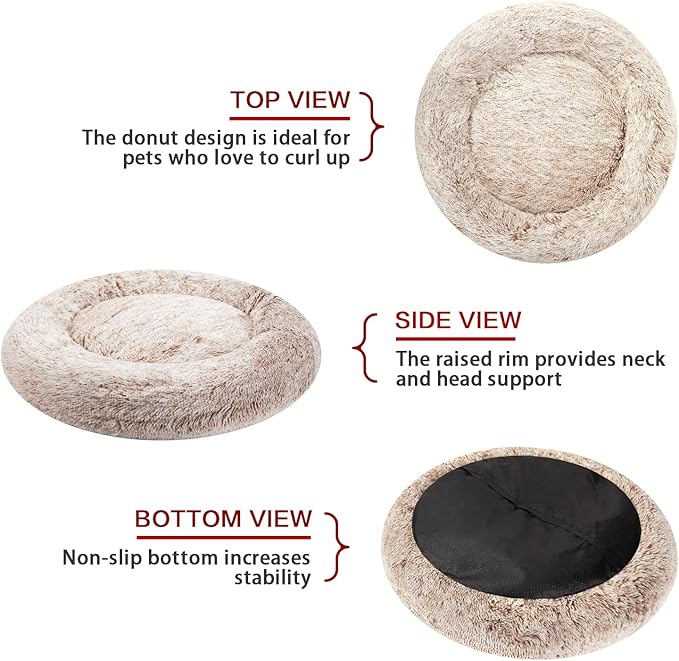 Bedfolks Calming Donut Dog Bed, 23 Inches Round Fluffy Dog Beds for Small Dogs, Machine Washable Anti-Anxiety Plush Puppy Bed（Brown, Small）