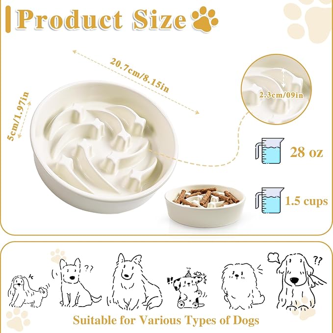 Ceramic Slow Feeder Dog Bowls, 1.5 Cups Dog Food Dish for Medium and Large Breed, Puzzle Dog Food Bowl for Fast Eater, 28OZ, 8.15 inch(Beige)